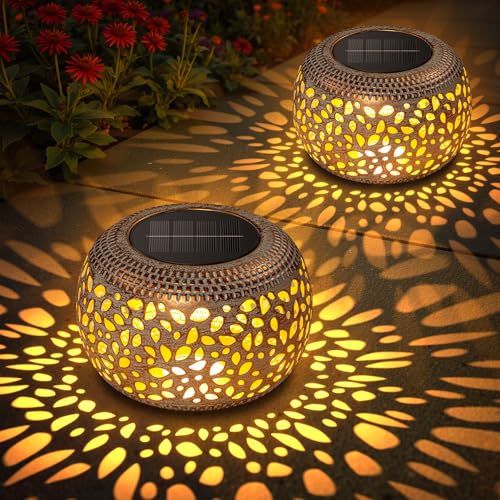 Farol solar de mesa para exteriores, paquete de 4 faroles solares para exteriores, decoración impermeable, ahuecados, retro, de metal blanco, luces solares para patio, porche, jardín, balcón,