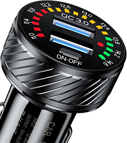 BARCOVAN USB Car Phone Charger Adapter, Dual QC3.0 Port, 36W 3A Fast Charge with Colorful Voltmeter & ON/Off Switch