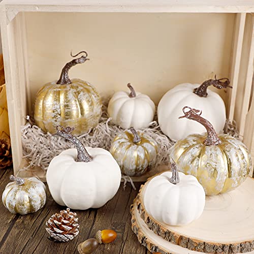 Image of winemana 16 Pcs Golden and White Pumpkins Fall Decorations for Home | Assorted Sizes, Artificial Foam Pumpkin, Thanksgiving Table Decorations, Harvest Autumn Decor, For Indoor Home Kitchen Mantle