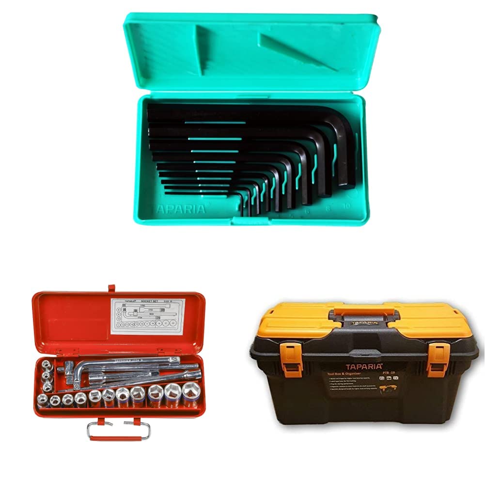 Taparia KM9V Allen Key Set (Black) & S23M/S23H 1/2Inch Square Drive Socket Set & PTB19 Plastic