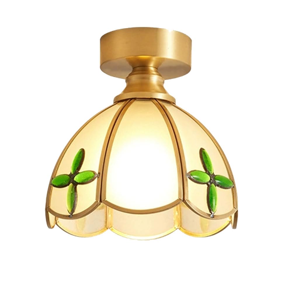 YGZPALH Gold Metal Ceiling Light, French Retro Style Entryway Stained Glass Light Fixture Small Schoolhouse Style Semi Flush Mount Ceiling Light E26 Fixtures for Bedroom Hallway Indoor Lighting