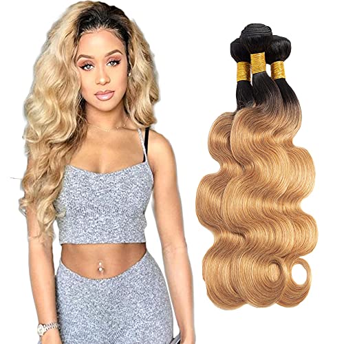 AuokMar 1B/27 Peruvian Bundles Human Hair Ombre Bundles 18 20 22 Inch 8A Unprocessed Brazilian Virgin Human Hair Body Wave 3 Bundles Weave Hair Extensions Hair Natural Wave Bundles