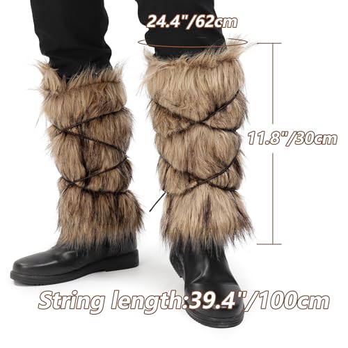 KUOIN Medieval Faux Fur Leg Warmer, Eskimo Leg Wraps Boots Covers with Strap (Brown)2