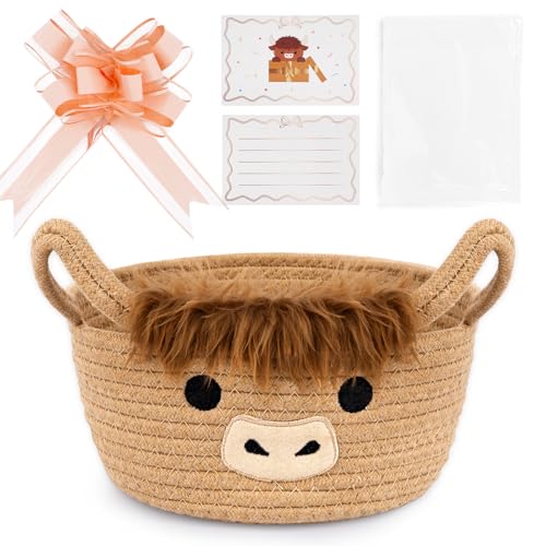 Hkojewp Highland Cute Cow Basket Small Woven Rope Gift Basket with Bag Bow and Card Empty Ribbon Cotton Storage Bin with Handles Baby Shower 0rganizer Nursery Wedding Oval Shelves Decorative Bin