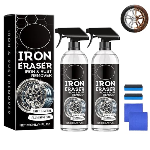 2PCS Iron Eraser Rust Remover Spray Iron Eraser Iron and Rust Remover with Sponges and Towels Fast Acting Iron Powder & Rust Cleaner for Light Rust Spots Metal Surfaces Cars and Motorcycles