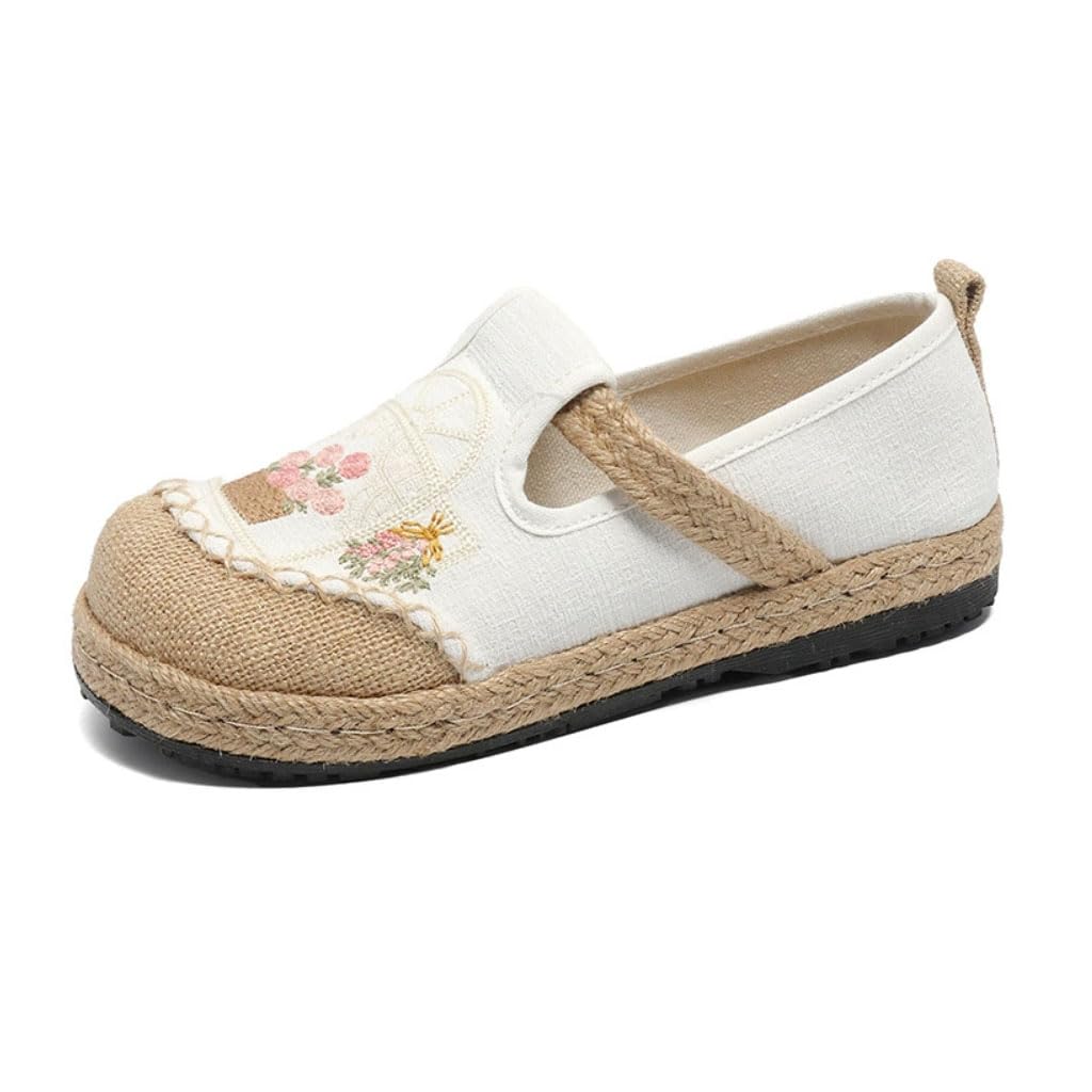 Espadryle dla kobiet, lniane buty damskie na lato z podeszwą z juty, ręcznie haftowane wygodne wsuwane buty na co dzień