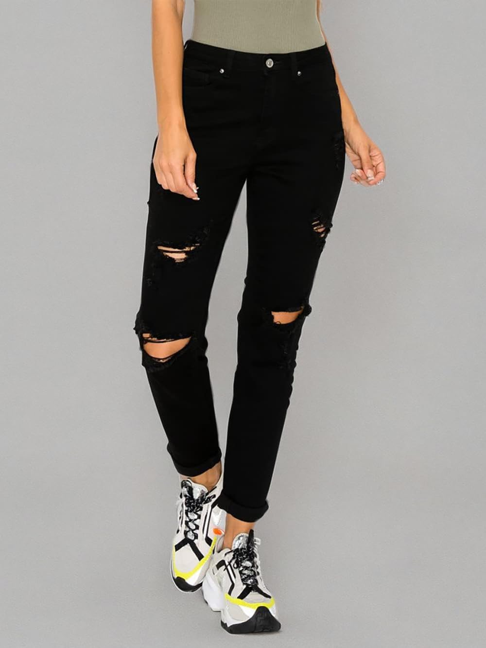 WAX JEAN Women's Boyfriend Jeans with Destructed Blown Knee and Rolled Cuff - Image 3