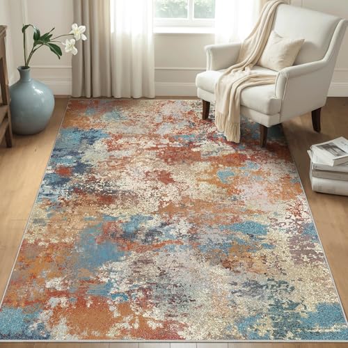 Area Rugs 8x10 Machine Washable Area Rugs for Living Room Bedroom Dining Room, Large Modern Abstract Colorful Soft Rugs, Indoor Low Pile Carpet with Non Slip Rubber Backing, Multi Red