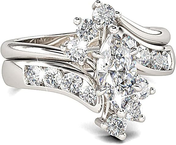 Marquise Cut Diamond Ring Set, 14K White Gold Plated, Curved Band Bridal Ring Set