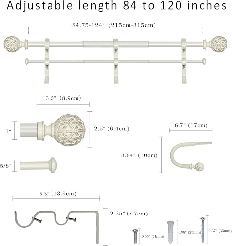 Miniatura 3 de Barra de cortina doble de 1 pulgada con remates y retenes de bola geográfica, blanco envejecido, 84-120 pulgadas
