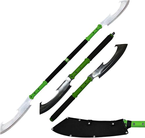 FMT-053GN - Naginata de fantasía doble - 55.5 pulgadas en general, cuchillas de acero inoxidable satinado, asas de fibra de nailon verde envueltas