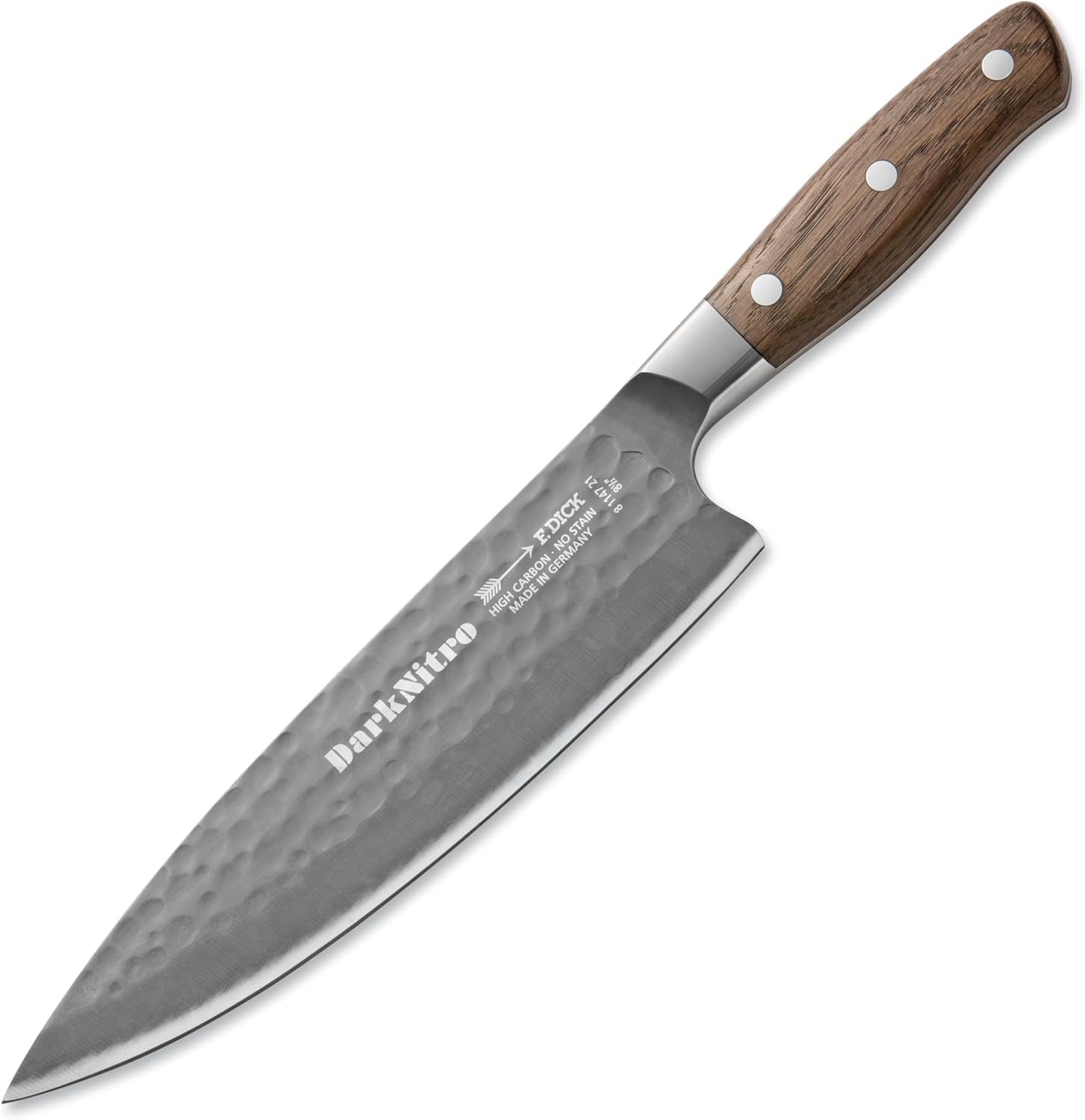 F. DICK Kochmesser DarkNitro 21 cm - geschmiedet, rostfrei, Klinge extra scharf, 61 HRC, Chefmesser Hammerschlag & Eichenholzgriff - Spezialstahl Küchenmesser - Profi Messer Made in Germany - 81147212