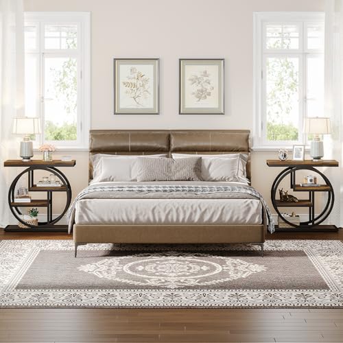 Image of Tribesigns End Table Set of 2, 4-Tier Narrow Side Table with Storage Shelves, Wood Small Sofa Side Table with Geometric Metal Frame, Industrial Bedside Table for Bedroom, Living Room, Rustic Brown