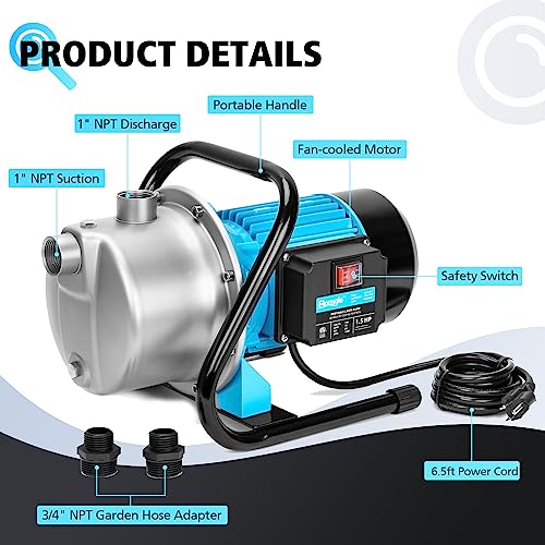 Bomgie 1.5Hp Portable Water Transfer Garden Pump,1200Gph Shallow Jet Well Pump,Draining Irrigation Lawn Fountain Booster Pump For Water Removal #TOP5