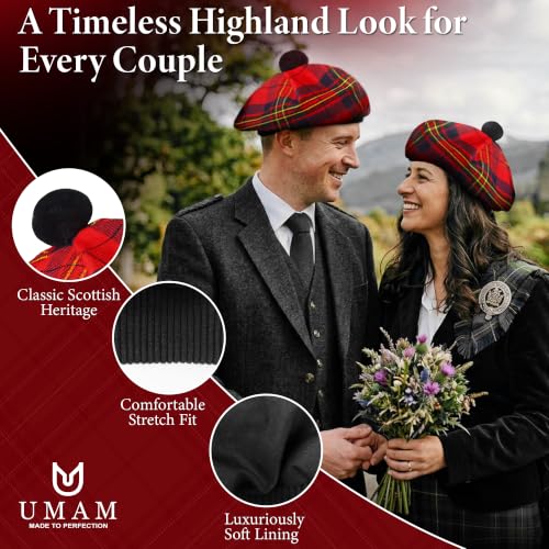 Image of Scottish Tam O' Shanter Hat Tartan Bonnet Pom Pom Wool Flat Cap One Size