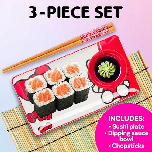 Image of Silver Buffalo Sanrio Hello Kitty Red and White Bow Ceramic Sushi Set with Dipping Sauce Dish and Matching Chopsticks