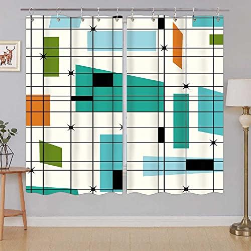 DYNH Mid Century Kitchen Curtains, Teal Mid Retro Grid Starbursts Orange Century Modern Retro 1950S 1960S MCM Window Curtain Panel, Retro Modern Window Curtain Panels Sets with Hooks (55X39)
