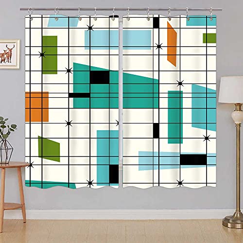 Dynh Mid Century Kitchen Curtains, Teal Mid Retro Grid Starbursts Orange Century Modern Retro 1950S 1960S Mcm Window Curtain Panel, Retro Modern Window Curtain Panels Sets With Hooks (55X39) #TOP2