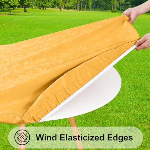 Image of Smiry Waterproof Heavy Duty Vinyl Fitted Tablecloth for 57 inch-68 inch Round Table | Elastic Plastic Table Cloth, Wipeable Washable Floral Patio Table Cover for Picnic, Kitchen and Dining, Mustard Yellow