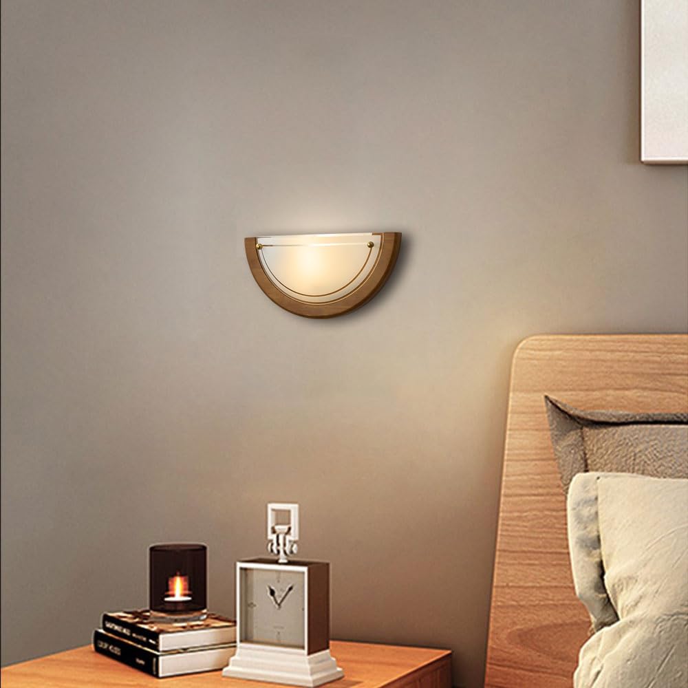 Applique da parete semicircolare in legno e vetro, stile industriale nordico, con sorgente luminosa G9, ideale per soggiorno, corridoio e comodino.