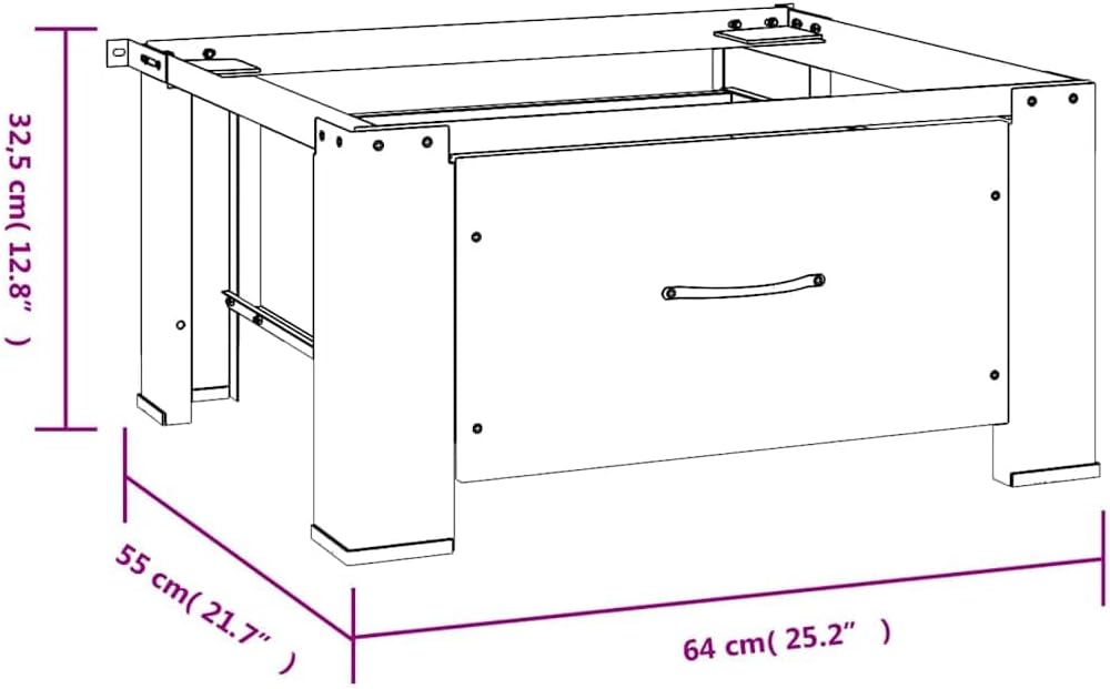 Line drawing showing the dimensions of the vidaXL washing machine pedestal with drawer: 64 cm (25.2 inches) width, 55 cm (21.7 inches) depth, and 32.5 cm (12.8 inches) height.