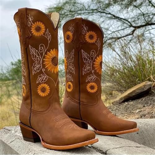 Lmtossey Dames geborduurde laarzen bedrukt glitter westerse cowboy laarzen retro teen mid kalf blokhak laarzen - Afbeelding 5