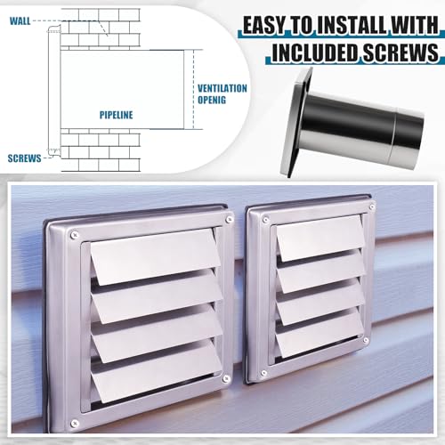 Image of Shimeyao 4 inch Wall Vent Cover Stainless Steel Outside Dryer Vent Covers for House Exhaust Duct Kit with Removable Extension Pipe 8 Inch and 4 Screw for House Outdoor Extended Air Pipe, Silver