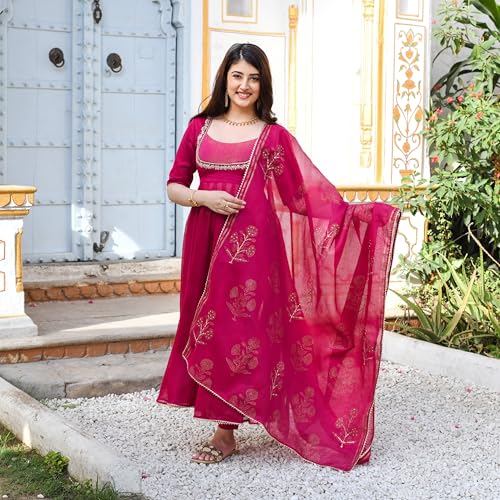 Image of GoSriKi Women's Rayon Viscose Embroidered Anarkali Kurta with Pant & Dupatta