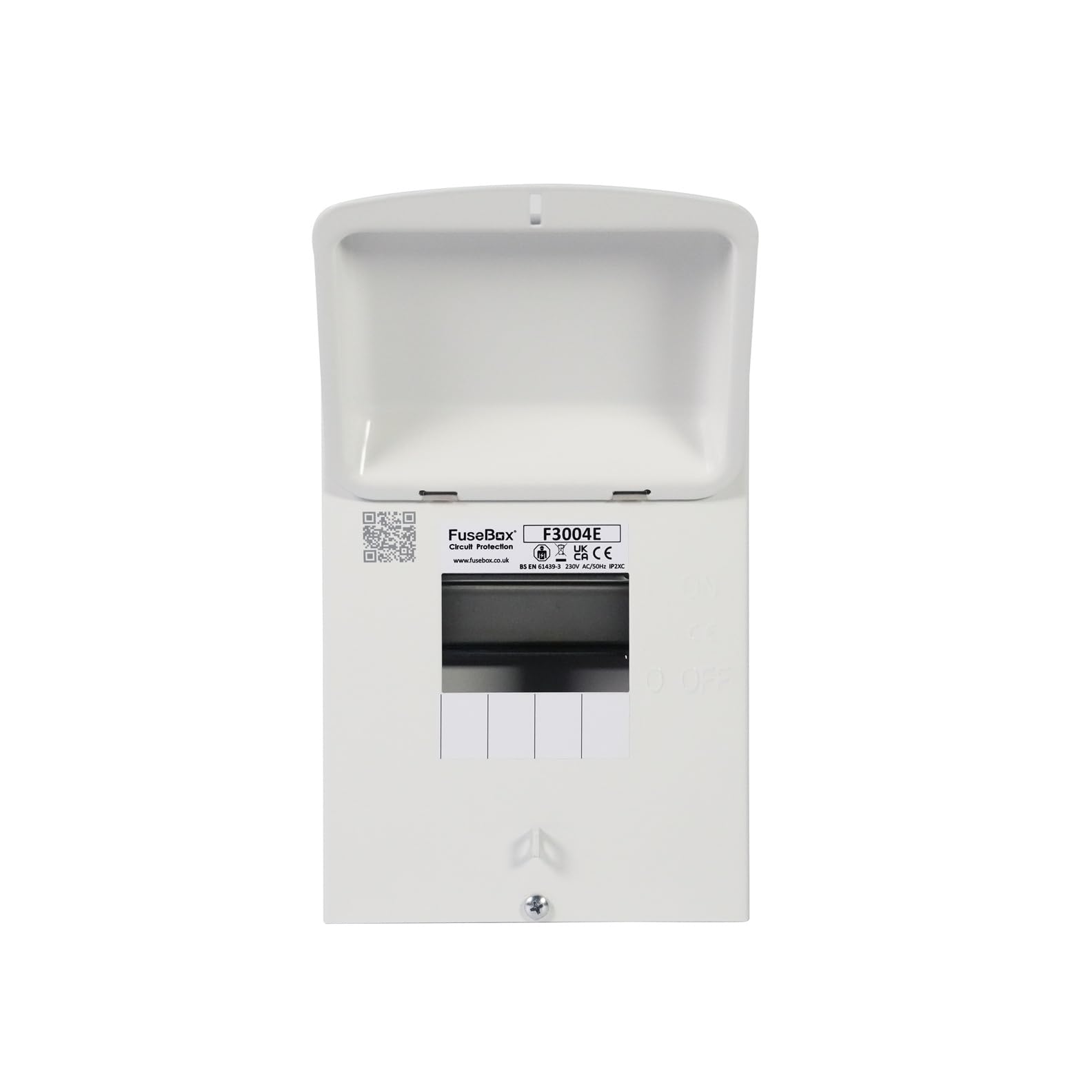 F3004E FuseBox 4-Way Metal Enclosure Consumer Unit, 260mm x 156mm x 92.5mm, IP2X Rating.