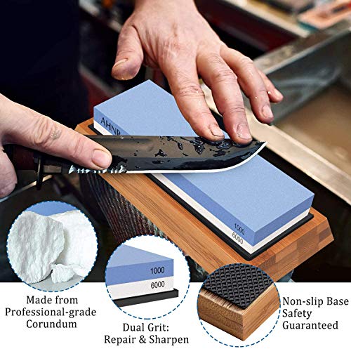 Whetstone Knife Sharpening Stone Dual Sided 1000/6000 Grit Waterstone, AHNR Premium Kitchen Knife Sharpener Whetstone Kit with NonSlip Bamboo Base & Angle Guide for Kitchen/Pocket Knives/Blades - Thumbnail 3