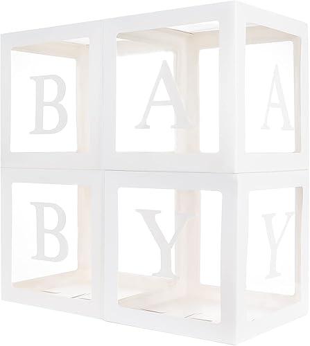 Cajas de bebé con 12 letras para baby shower, decoraciones de baby shower para niño o niña, 4 cajas de globos transparentes bloques transparentes