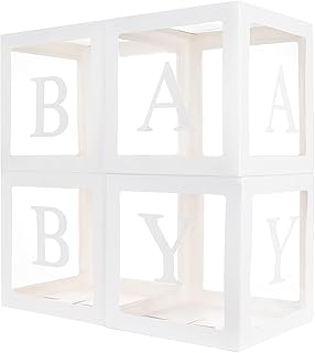 Baby Boxes with 12 Letters for Baby Shower, Baby Shower Decorations for Boy Or Girl, 4 Pcs Transparent Balloon Boxes Clear Blocks for 1st Birthday, Gender Reveal Party Supplies Background