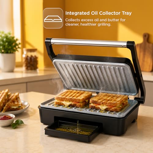 Image of Glen Press Grill Sandwich Maker | Heavy-Duty Ceramic Non-Stick Plates | PFOA & PTFE Free | Healthy Low-Oil Cooking | Non-Toxic Surface | Oil Collector Tray | Strong Safety Handle | 2-Year Warranty