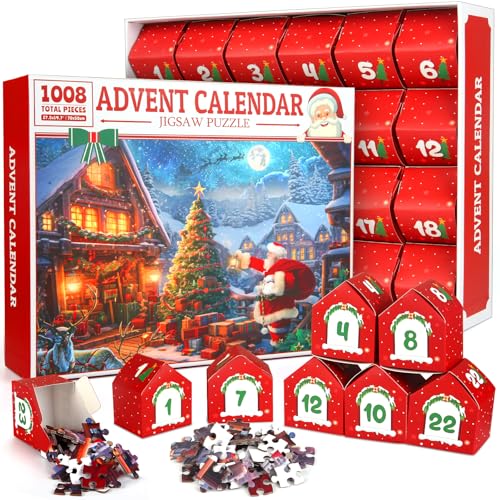 Christmas Jigsaw Puzzles Advent Calendar 2024 Christmas Surprise Countdown Calendars for Adult and Kids, 24 Parts 1008 Pieces Holiday Puzzle to Christmas Gifts Decorations with Puzzle Saver
