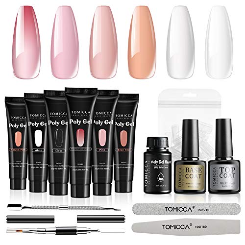 TOMICCA Poly Nail Gel Kit, 6×15ml Professional Nail Builder Thermal Changing Gel Extension with Top Coat Base Coat and Slip Solution & 50pcs Dual Forms Poly Extension Gel Tools All-in-One Kit