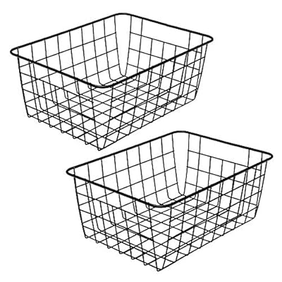 Aeggplant Kitchen Wire Baskets Farmhouse Decor Metal Food Storage Organizer, Household Refrigerator Bin with Built-in Handles for Cabinets,Pantry Set of 2 Black