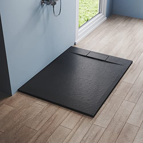 Duschwanne Flach Duschtasse 120x90 Schwarz 32mm Schieferoptik und Rutschfeste Struktur Inklusive Siphon
