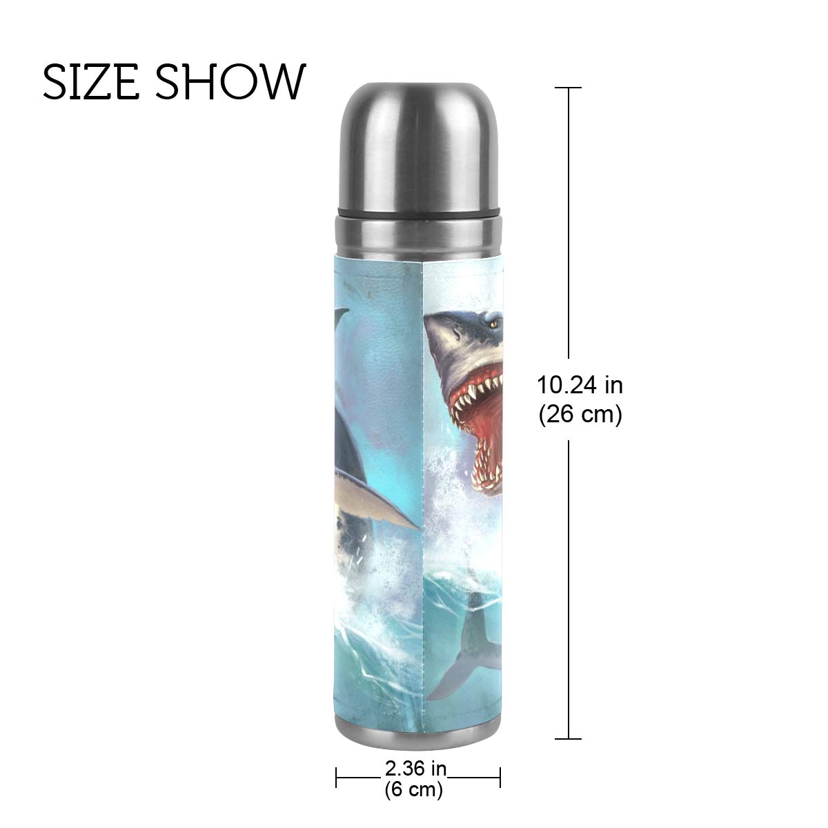 Taza de viaje de acero inoxidable con aislamiento al vacío, doble pared, a prueba de fugas, diseño de tiburón blanco personalizado impreso en piel auténtica, 500 ml