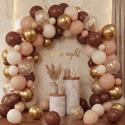 Teyva Daily 143 Pcs Exhale Party Decorations Brown and Gold Balloons Arch Kit Different Sizes Brown Nude Latex Metallic Confetti Gold Balloons for Neutral Bridal Birthday Baby Shower Party