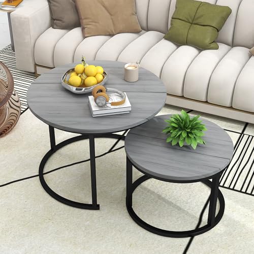 DUMEE Round Coffee Table, Set of 2 Nesting Table Side Table, for Living Room/Bedroom/Balcony (Grey, Dia 60/40cm)