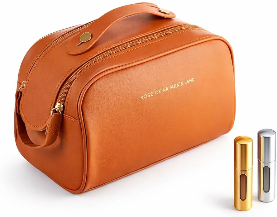 ONE BY ONE Travel Makeup Bag Set - Waterproof Cosmetic Bag with 2 Refillable Perfume Atomizers, Portable Toiletry Organizer for Women