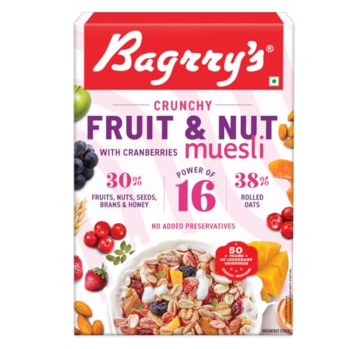 Image of Bagrry's Crunchy Muesli With 30% Fruit & Nut Cranberries 400gm Box|34% Fibre Rich Oats|No Sugar Infused Fruits|Real Fruits|Breakfast Cereal|Protein Rich|Cranberry Muesli
