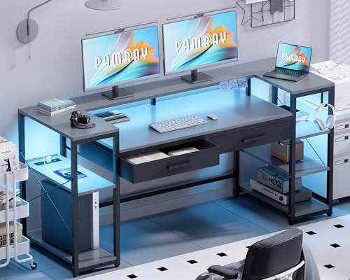 Image of Pamray 58 Inch Computer Desk with Monitor Stand and Shelves Gaming Desk with LED Lights & Power Outlets PC Vanity Table with 2 Drawers for Home Office Grey