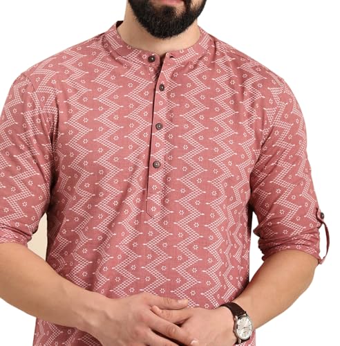 Image of Zombom Men's Cotton Polyester Blend Solid Regular Fit Full Sleeve Printed Short Kurta | Ethnic, Lightweight Summer Kurta for Daily & Occasion Use | Men's Trendy Short Kurta