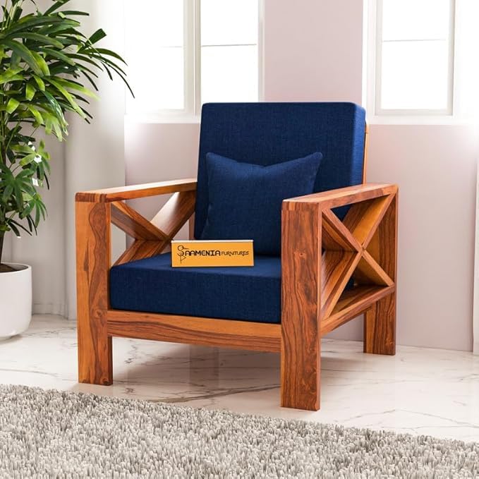 Image of Sheesham Wooden Single Seater Sofa for Living Room | Rosewood 1 Seater Cushion Sofa X-Legs | Solid Wood Sofa Set for Lounge (1 Seater,Honey Finish)