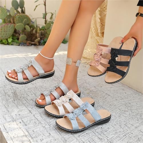 2025 Women's Floral-Embellished Slip on Sandals, Comfortable Low Wedge Slides with Arch Support for Wide Feet, Plus Size2
