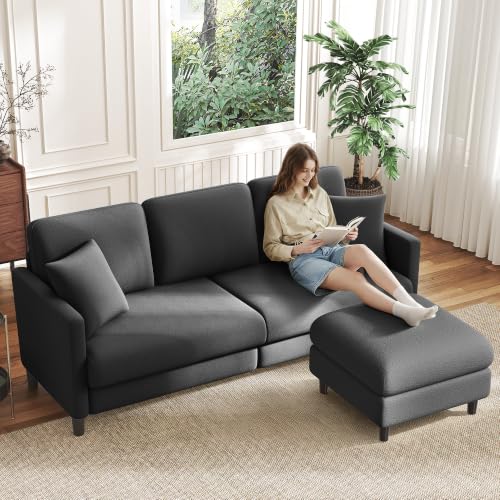 Image of Welzona 83 inch Couches for Living Room, Teddy Sofa Couch with Storage Ottoman, L Shaped Couch with Movable Ottoman, Tool-Free Modular Sectional Sofa, All-Wood Sofas for Living Room 2 Pillows, Grey