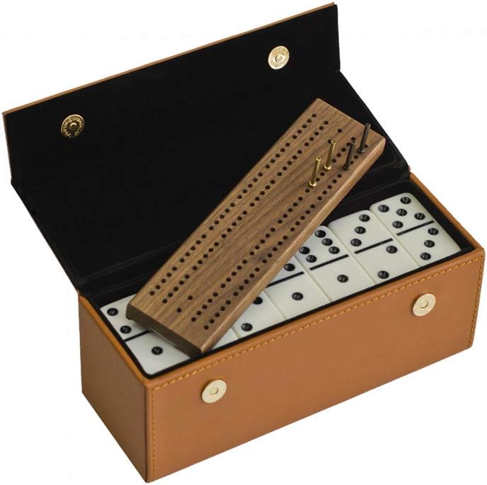 Alex Cramer Domino Set with Caramel Colored Leather Case - Professional Tournament Traveler - No Spinners Domino Set - 28 Indestructible Double Six Dominoes
