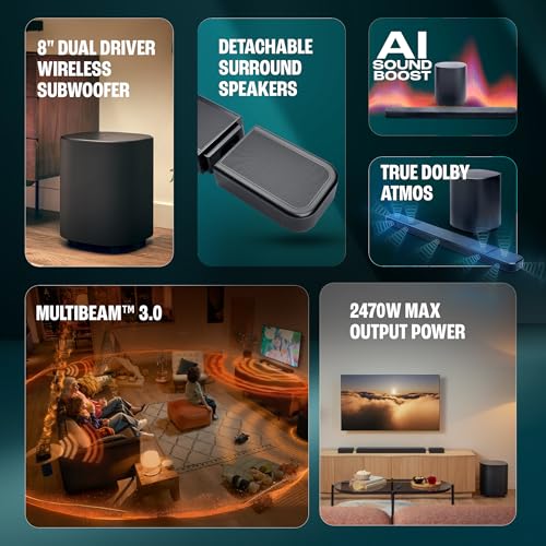 Image of JBL Bar 1000 MK2, 11.1 (7.1.4) Channel Truly Wireless Soundbar with True Dolby Atmos, DTS:X, & MultiBeam Surround Sound, 10 inch Down-Firing Wireless Subwoofer, HDMI eARC, WiFi, One App, 960W