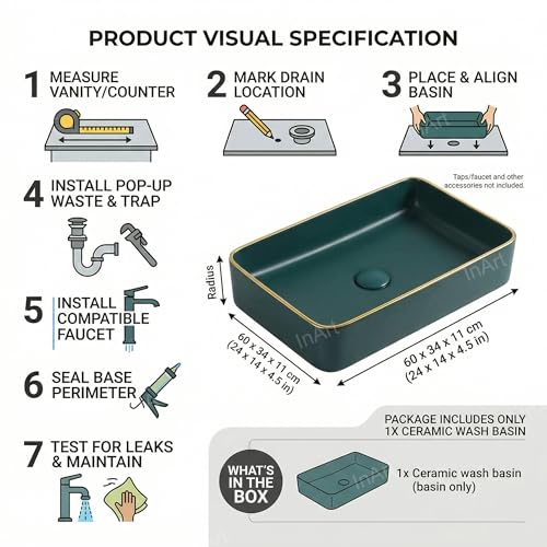 Image of Inart Ceramic Wash Basin | Counter Top Basin | Living room or Bathroom Table Top Basin | Green Matt Color 60 x 34 x 11 CM